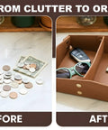 EDC Valet Tray Organizer in Saddle Tan with PU leather divider holding sunglasses, coins, keys, and money on a tidy desk