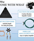 Components of Efficient 120V 330 GPH Non Submersible Water Transfer Pump including suction strainer, hose, and impeller kit.