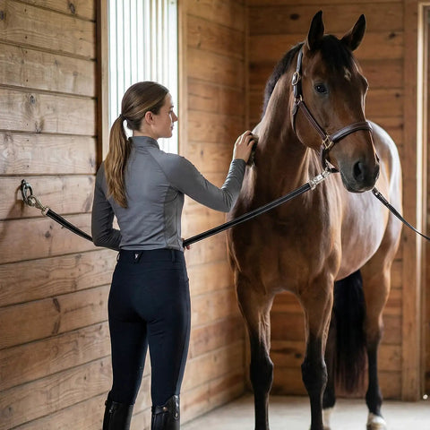 Heavy Duty Reflective Cross Ties For Horses With Panic Snap And AntiTangle Grooming Straps in use in barn for grooming