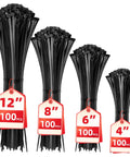 Heavy Duty 400 Pack Assorted Black Cable Ties Kit, 4 Inch, 6 Inch, 8 Inch, 12 Inch Nylon Self Locking Wire Ties for cord management