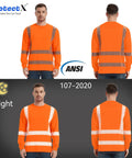 Men Class 3 High Visibility Long Sleeve Safety Shirt Built Like A Tank For Job Sites With Heat Transfer Reflective Tape Ansi Certified Orange Workwear Crew Approved Night Shift Ready, displayed front and back.