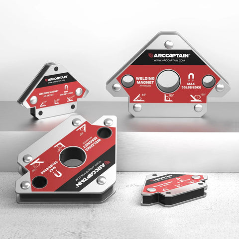 ARCCAPTAIN welding magnets set, 4-piece 25 lb/55 lb metal holders with red label, shown from front.