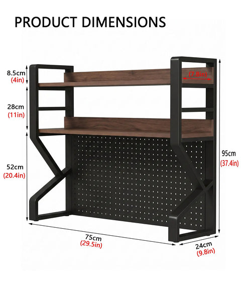 Dimensions of the 2-Tier Open Desk Organizer With DIY Pegboard, Space Saving Desktop Storage Rack For Home, Office, And Dorm.