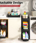 Four Pack Two Tier Under Sink Organizer With Hassle Free Slide Out Drawers For Bathroom Vanities And Kitchen Cabinets showcasing stackable design with cleaning supplies.