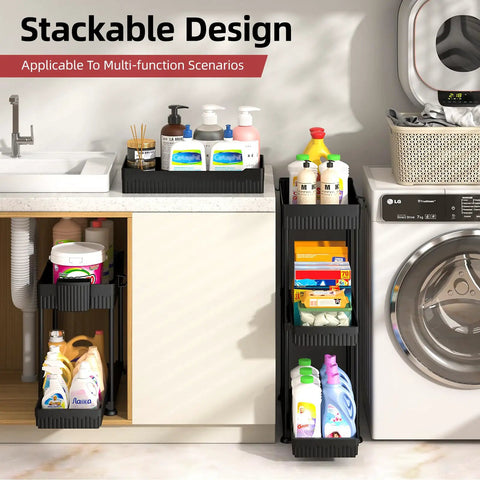 Four Pack Two Tier Under Sink Organizer With Hassle Free Slide Out Drawers For Bathroom Vanities And Kitchen Cabinets showcasing stackable design with cleaning supplies.