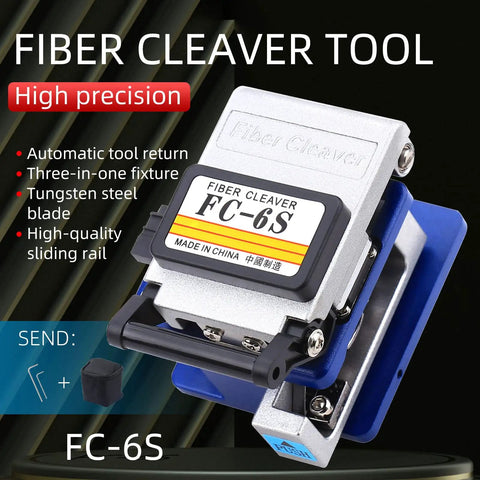 Close-up of FC-6S fiber cleaver from the 5-In-1 Pro-Grade Fiber Optic Tool Kit with high-precision design and tungsten steel blade.