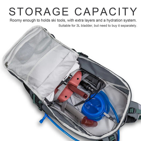 All Day Ski Hydration Backpack 30L for Snowboard Touring with open view showing interior organization and ski gear storage