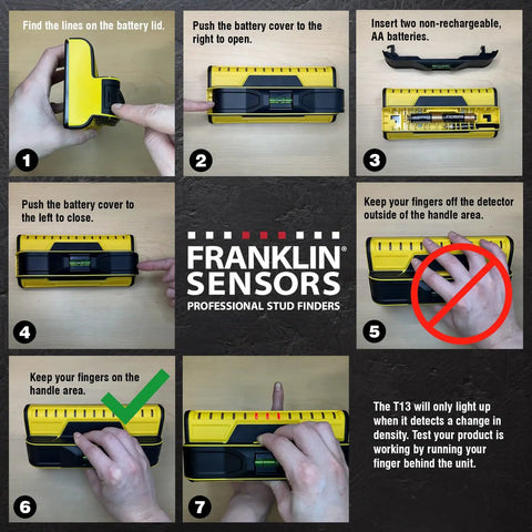 ProSensor T13 13 Sensor Stud Finder step-by-step guide for battery installation and operation on wood and metal walls