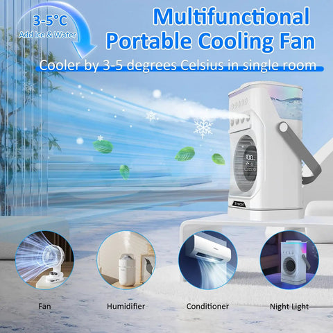 Multifunctional portable cooling fan with ice and water feature, showcasing fan, humidifier, conditioner, night light functions.