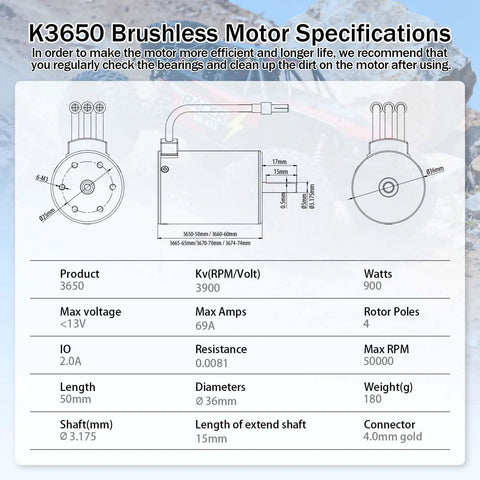 Specifications sheet for Beefy 3650 Brushless Motor 3900KV 3 175mm Shaft Waterproof For 1 To 10 Scale RC Cars