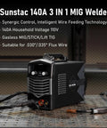 MIG Welder 140A 110V 3 In 1 Flux Core Stick And Lift TIG Gasless Inverter with digital display on workbench