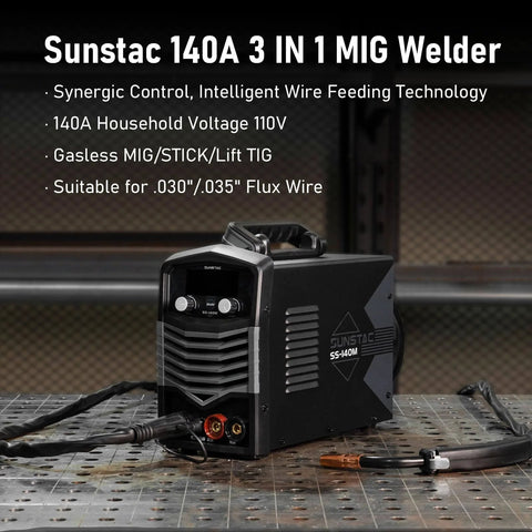 MIG Welder 140A 110V 3 In 1 Flux Core Stick And Lift TIG Gasless Inverter with digital display on workbench