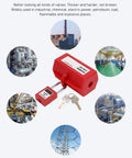 Rock Solid Industrial Power Plug Lockout Safety Box With Heavy Duty Padlock, red, used in chemical and electrical industries.