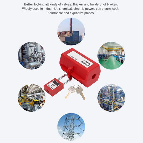 Rock Solid Industrial Power Plug Lockout Safety Box With Heavy Duty Padlock, red, used in chemical and electrical industries.