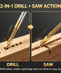2-in-1 drill and saw action demonstrating Six Piece HSS Twist Drill Bit Set Titanium Coated Workhorse for Woodworking and Sheet Metal Drilling.