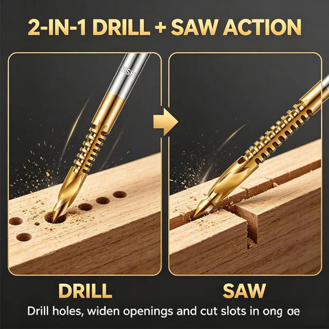 2-in-1 drill and saw action demonstrating Six Piece HSS Twist Drill Bit Set Titanium Coated Workhorse for Woodworking and Sheet Metal Drilling.