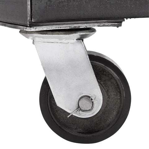 Caster wheel detail of National Public Seating 8500 Series Commercial Chair Dolly Cart For Storing Up To Forty Stackable Dining Chairs In Heavy Duty Black Steel With Angle Design.