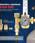 Front view of brass MIG/TIG flow meter gas regulator with pressure gauge and CGA-580 interface.