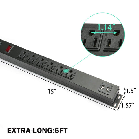 Kick The Clutter With This Badass Heavy Duty Power Strip Packing Six AC Outlets And Two Fast USB Chargers Six Foot Braided Surge Guard Cable For Phones Tablets And Desk Setups Black 300 Joules Shield with measurements