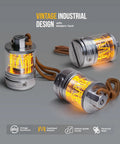 Vintage Aluminum Camping Lantern With Dimmable 2100K Warm Glow, handcrafted alloy USB-C, shown with glowing light and paracord rope