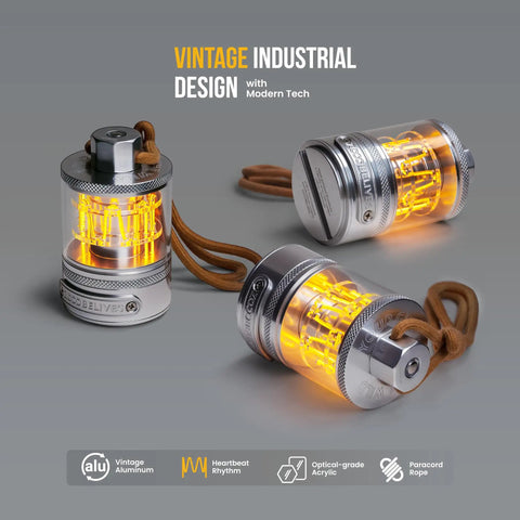 Vintage Aluminum Camping Lantern With Dimmable 2100K Warm Glow, handcrafted alloy USB-C, shown with glowing light and paracord rope