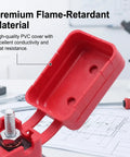 Close-up of a red, flame-retardant PVC cover for Dual Pack 30A 12V Circuit Breakers with stud bolt terminals.