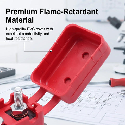 Close-up of a red, flame-retardant PVC cover for Dual Pack 30A 12V Circuit Breakers with stud bolt terminals.