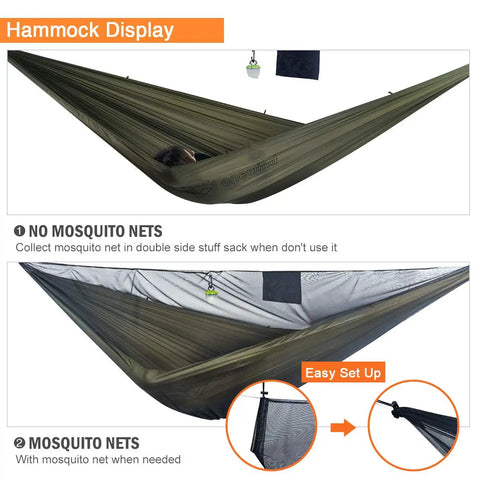 Double Camping Hammock With Mosquito Net Ridgeline And Straps 11Ft Lightweight Nylon Ripstop displayed without and with net
