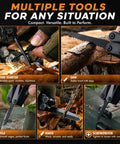 All In One Camping Hatchet With Hammer And Knife And Protective Sheath For Survival Gear showcasing fire starter and saw usage