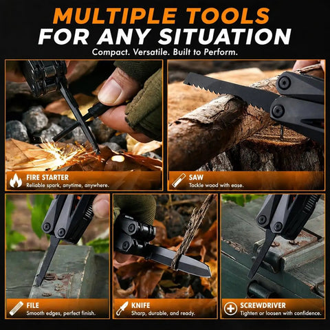 All In One Camping Hatchet With Hammer And Knife And Protective Sheath For Survival Gear showcasing fire starter and saw usage
