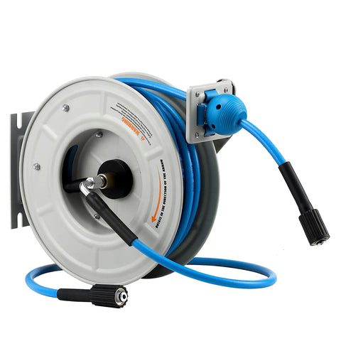 Pressure Washer Hose Reel With Retractable Hose, Sixty Foot Long One Quarter Inch Core, Auto Rewind, Heavy Duty Steel