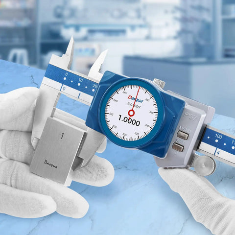 Pro Grade Digital Dial Calipers 6 Inch 150mm IP67 Waterproof With OLED Readout And Dual Display, held by gloved hand