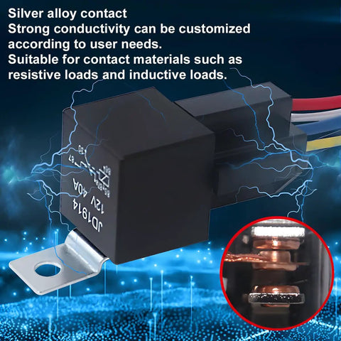 Close-up of 4 Pin SPST 12V 40A Car Relay Harness Kit showing silver alloy contact and color coded wires