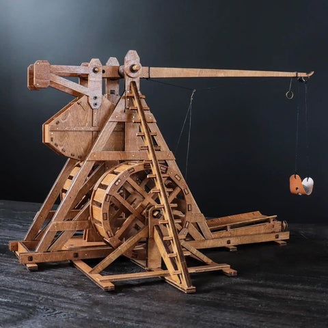 Mini Counterweight Trebuchet With Wheels For Epic Medieval Siege Chariot Catapult Kit DIY 3D Wooden Puzzles Mechanical Model Kit For STEM Projects And Tabletop Play Fun Build It Yourself Toy, wooden side view