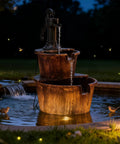 Rustic Two Tier Barrel Waterfall Fountain For Backyard Patio And Garden Bronze Finish 27 Inch Electric Water Feature