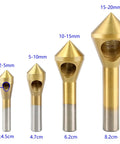 4 Piece Titanium Coated Countersink Chamfer Deburring Tool Set For Wood Metal PVC Aluminum Insulation Board Holes 2 To 5 Millimeters 5 To 10 Millimeters 10 To 15 Millimeters 15 To 20 Millimeters For Home Improvement With High Speed Steel Bits, showing four sizes of chamfer bits