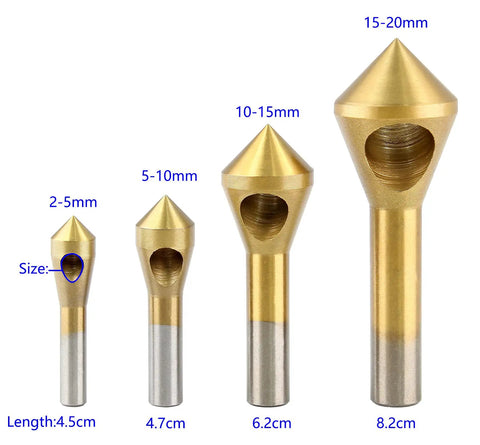 4 Piece Titanium Coated Countersink Chamfer Deburring Tool Set For Wood Metal PVC Aluminum Insulation Board Holes 2 To 5 Millimeters 5 To 10 Millimeters 10 To 15 Millimeters 15 To 20 Millimeters For Home Improvement With High Speed Steel Bits, showing four sizes of chamfer bits