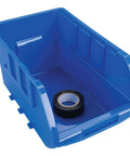Close-up of a blue removable bin from the Half Bulk Bin Storage Rack With 32 Removable Bins For Easy Garage Organization