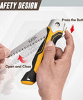 Front view: KATA folding drywall jab saw with yellow/black soft-grip handle and 65Mn blade