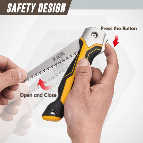 Front view: KATA folding drywall jab saw with yellow/black soft-grip handle and 65Mn blade