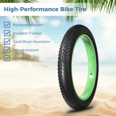 26 X 4.0 Fat Bike Tire Set With Inner Tube, AV Valve, and Levers displayed on a sandy beach background highlighting features.