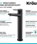 Indy Single Handle Vessel Bathroom Faucet in Matte Black, solid brass, corrosion-resistant finish, smooth one hand operation.