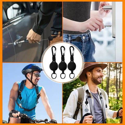 Three Pack Retractable Keychain With Heavy Duty Carabiners And Badge Holders, Extendable Reel For IDs And Keys, in use and close-up view.