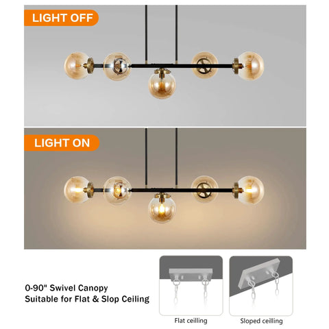 5 Light Modern Sputnik Island Pendant Light Fixture with Amber Glass Globe Shades for flat or sloped ceilings, light on and off view