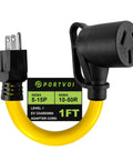 Nema 5 15P To 10 50R Electric Vehicle Charging Adapter Cord 15 Amp Max featuring a 1FT yellow cord for reliable charging.