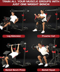 Man using Beefy 900 Lbs Weight Bench Set with Squat Rack for home gym exercises including leg extension and preacher curl.
