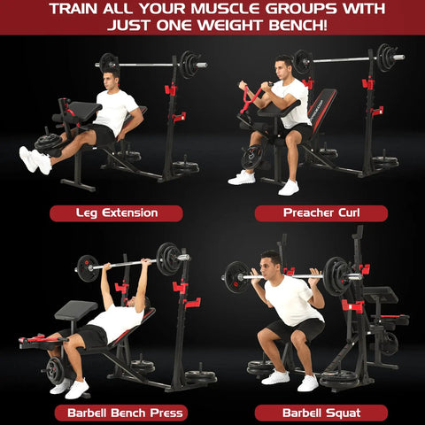 Man using Beefy 900 Lbs Weight Bench Set with Squat Rack for home gym exercises including leg extension and preacher curl.