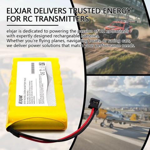2-Pack 9.6V 1000mAh Ni-Cd Flat Type Battery Pack For Futaba Transmitters shown with RC models and power cable