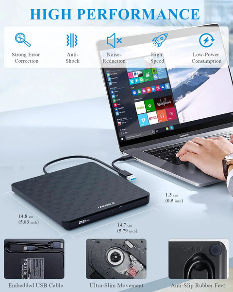 External CD DVD Drive For Laptops USB 3 Type C Plug And Play Portable Optical Drive No Driver Required USB Powered 13mm Slim DVD Player Compatible With Windows Mac Linux Travel Friendly, black slim drive with USB cable
