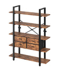 Industrial 5-Tier Bookshelf With Open Storage And Four Drawers, Sturdy Metal Frame And Durable Particleboard Shelves For Books, Decor